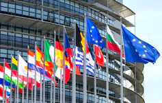 Flags of European Union countires outside the European parliament.