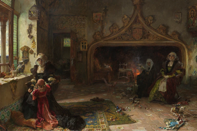 A woman in a room with a window with two other women and a girl.