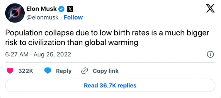 on voit une capture d’écran de tweet d’Elon Musk de 2022 : « L’effondrement de la population dû au faible taux de natalité est un risque bien plus important pour la civilisation que le réchauffement climatique »