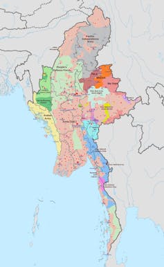 A map of Myanmar showing the military situation there as of February 4.