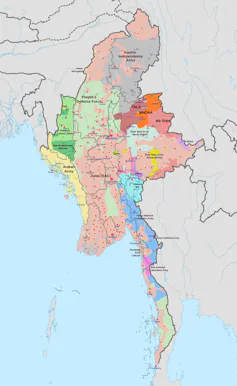A map of Myanmar showing the military situation there as of February 4.