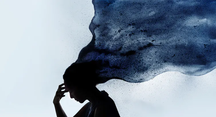 Conceptual graphic of exhausted, depressed woman touching her forehead.