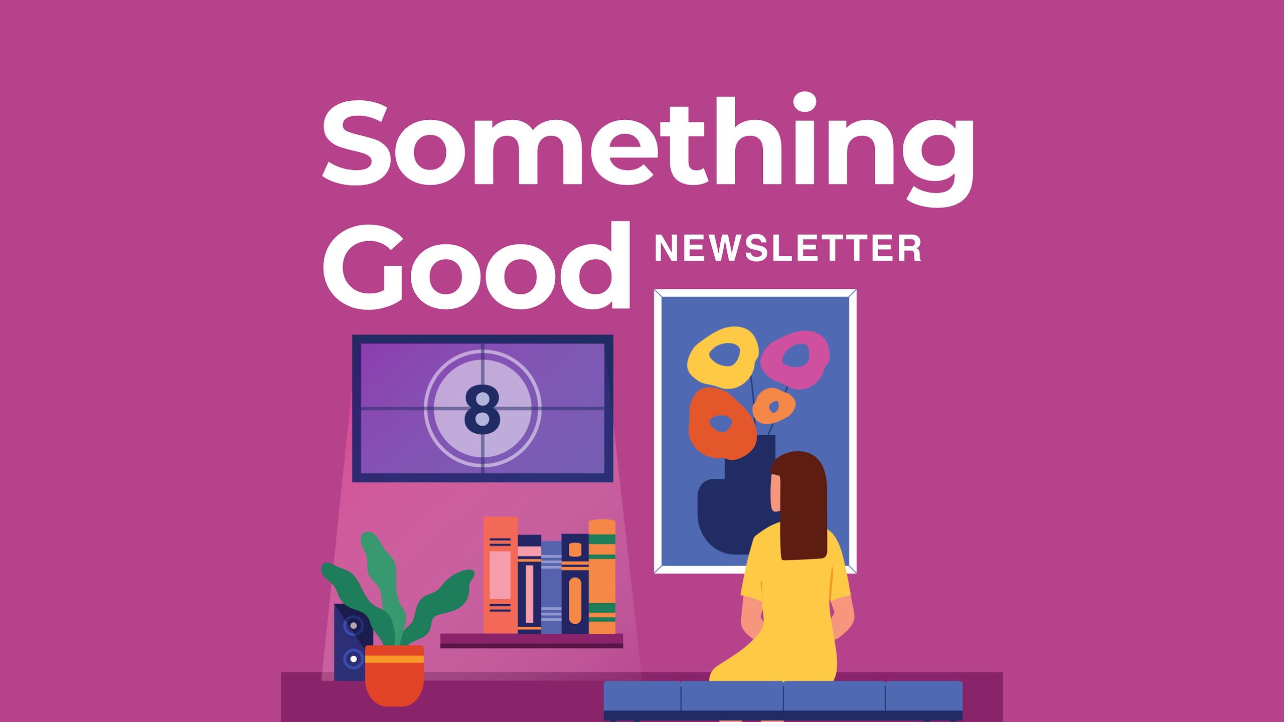 Woman sat looking at poster, TV, bookshelf