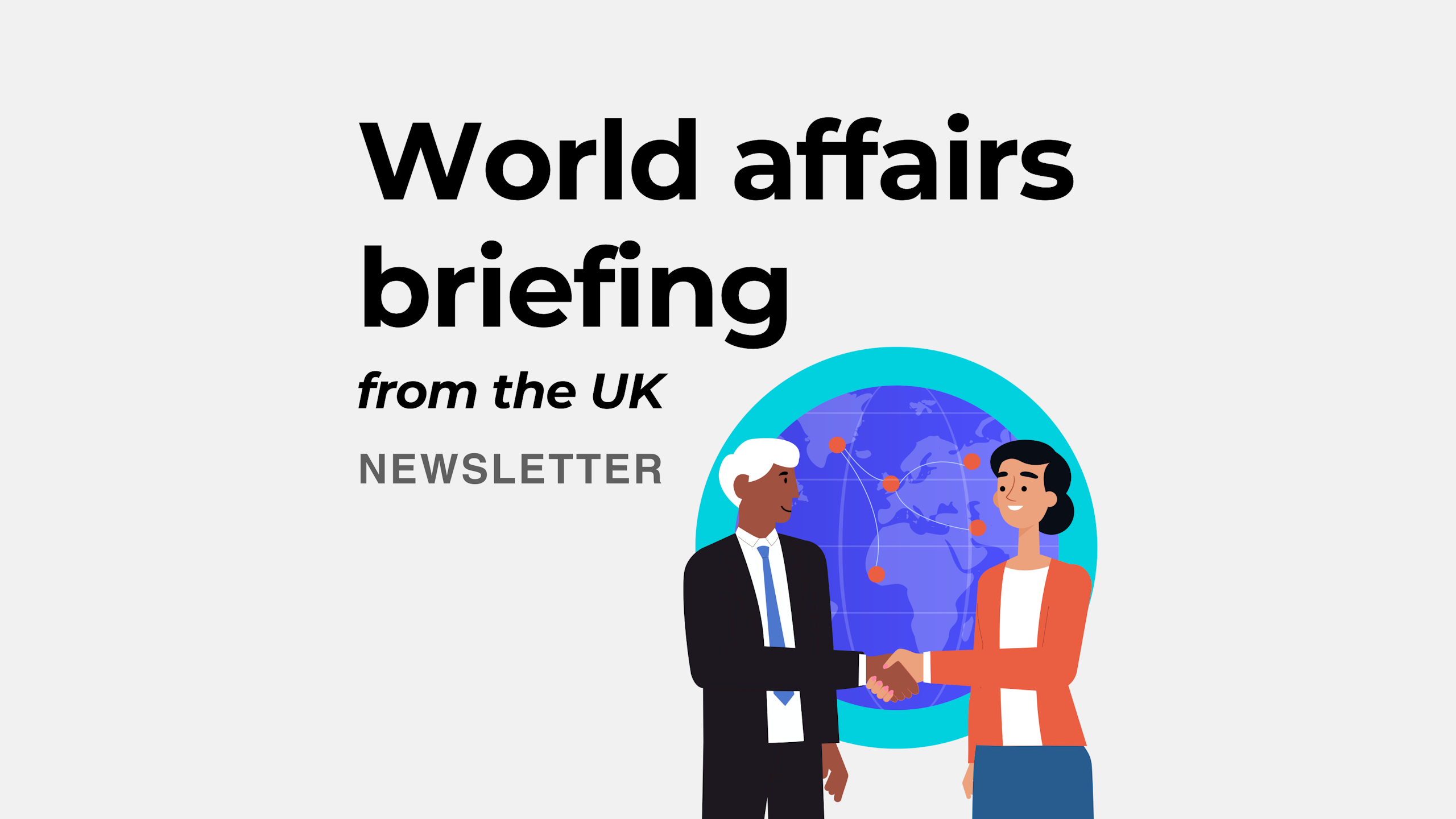 Man and woman shake hands in front of a globe