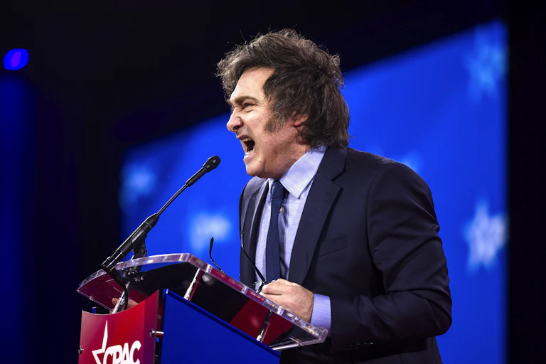Javier Milei delivering a speech.