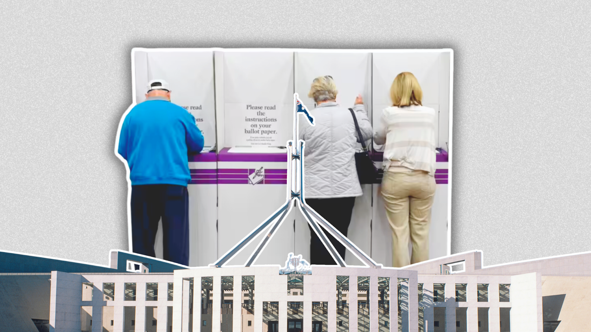 Collage of Parliament House with a background of people at the voting 