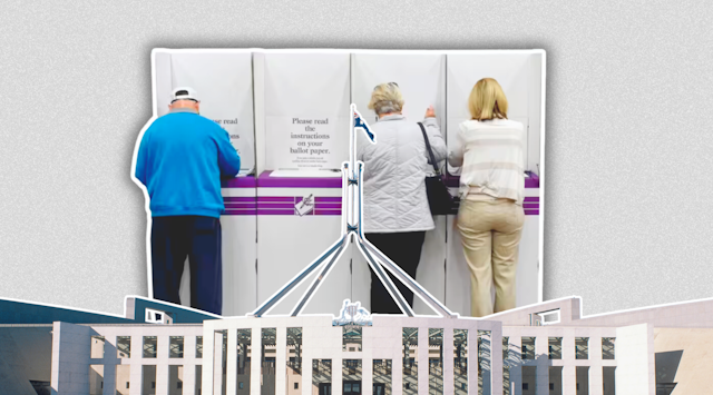 Collage of Parliament House with a background of people at the voting
