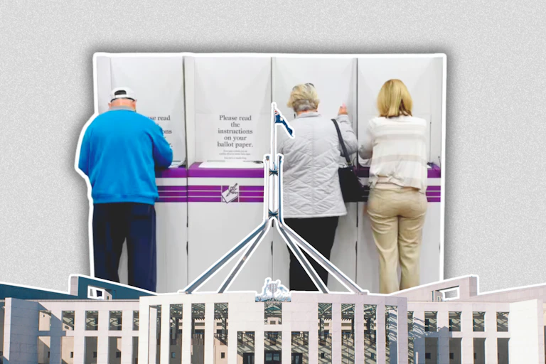Collage of Parliament House with a background of people at the voting