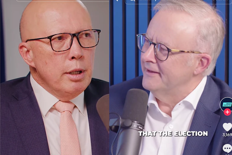 Two men in glasses speak into microphones in separate screenshots from TikTok