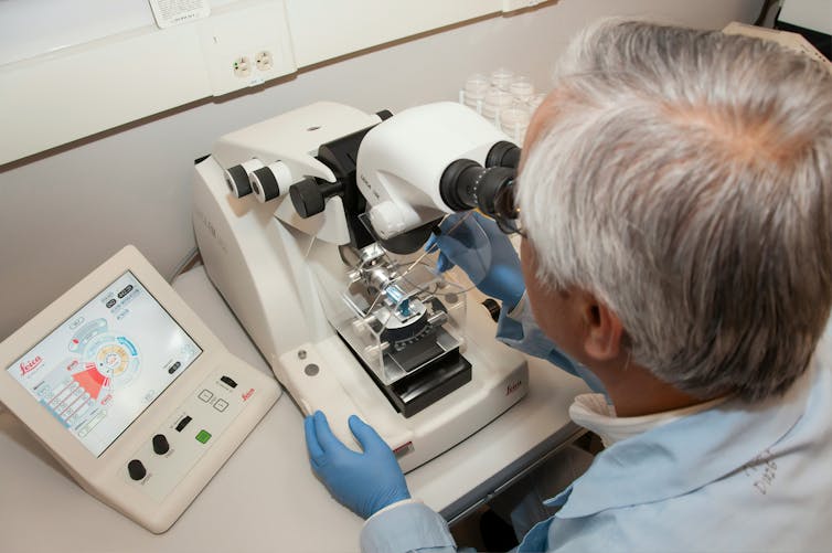 Scientist with white and grey hair peering into a microscope.