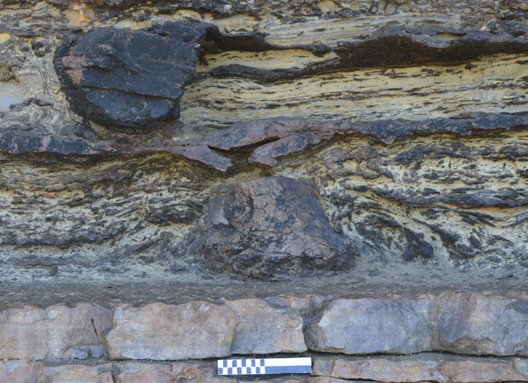 A small scale bar set beneath a dark, rocky protuberance