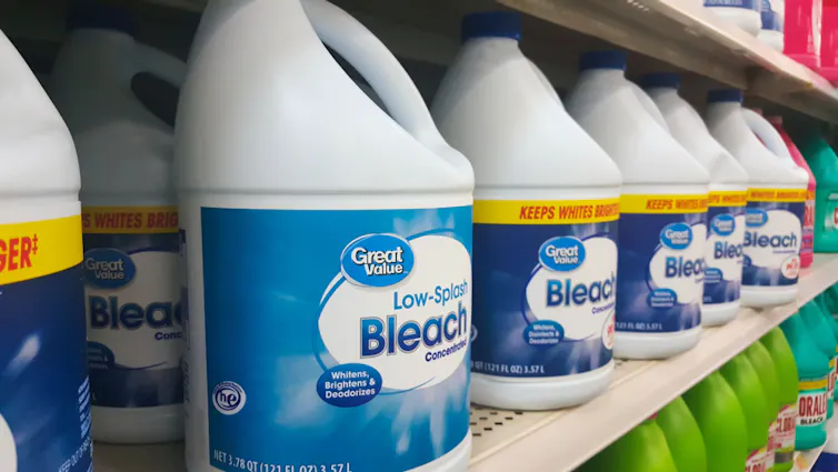 Large bottles of bleach on a shelf.