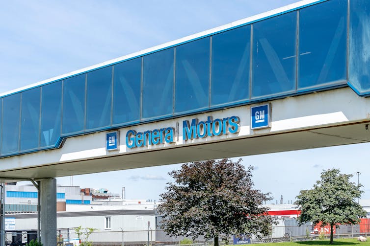 The sign of a General Motors car assembly facility in Oshawa, Ontario.
