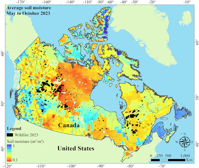 A map of Canada depicting average soil moisture throughout the country. Many areas, such as Ontario and Nunvut, are in yellow or orange, because of low soil moisture.