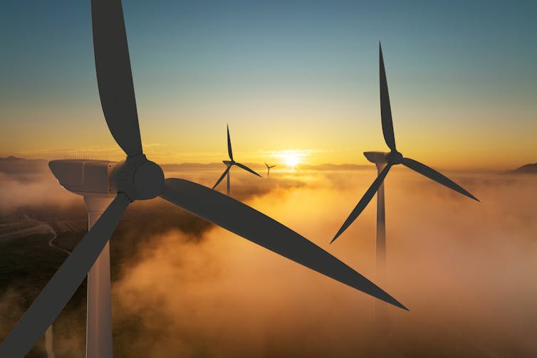 Wind turbines at sunrise.