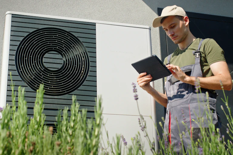 An engineer stood next to a heat pump.