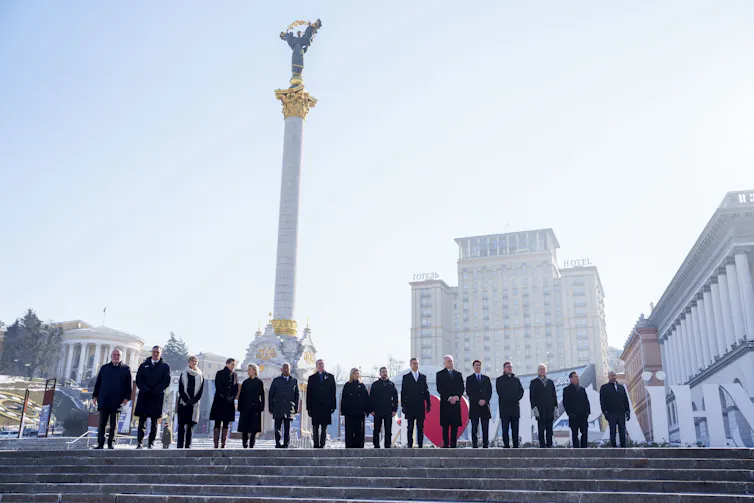 Ukrainian president Volodymyr Zelensky and a line-up of European leaders at Kyiv's memorial to the fallen to mark the third anniversary of Russia's full-scale invasion of Ukraine, February 24 2025..