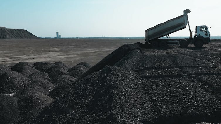 A truck unloading coal in Ukraine.
