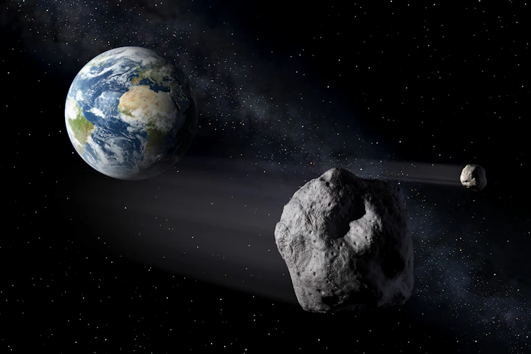 one large and one small rock hurtle thorugh space towards the planet Earth