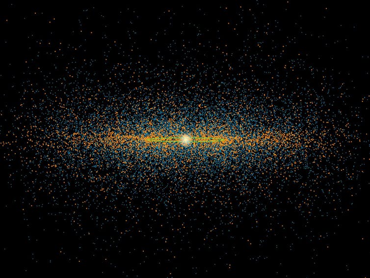 a bright circle surrounded by countless blue and orange circles