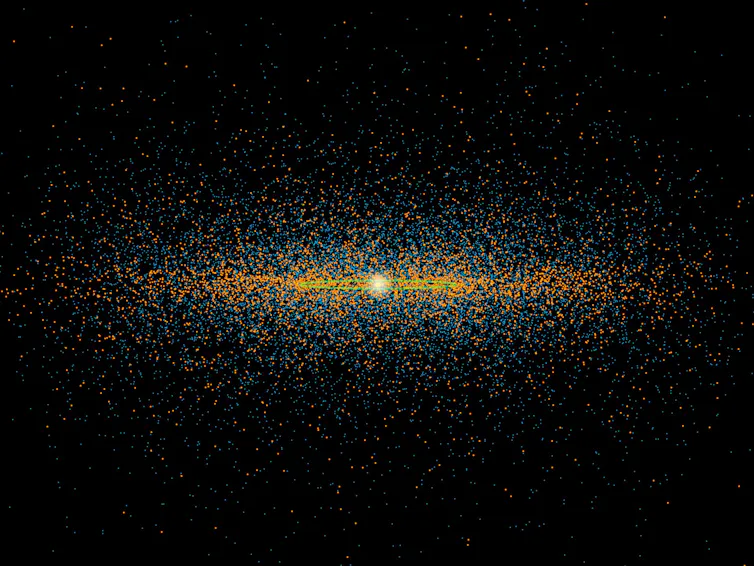 a bright circle surrounded by countless blue and orange circles