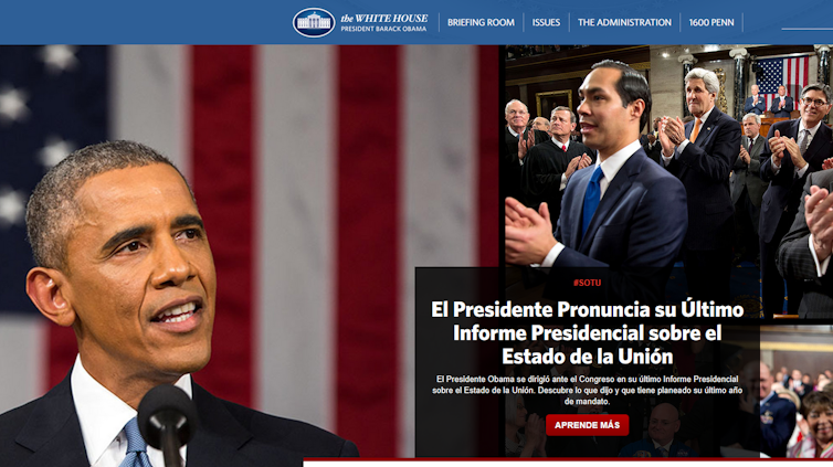 Screenshot of a White House webpage in Spanish featuring government news and photos