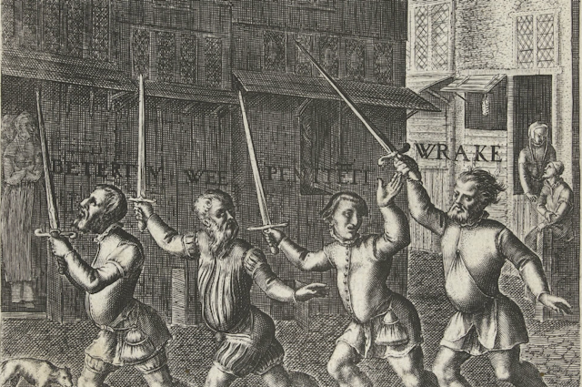 A drawing of four men dressed in 17th centry clothing walking in a row carrying swords