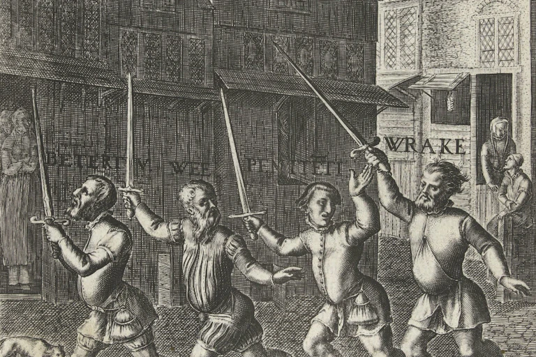 A drawing of four men dressed in 17th centry clothing walking in a row carrying swords