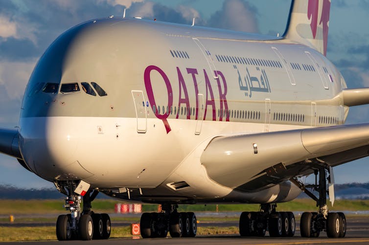 Qatar Airways A380 taxiing to the gate at Sydney International Airport