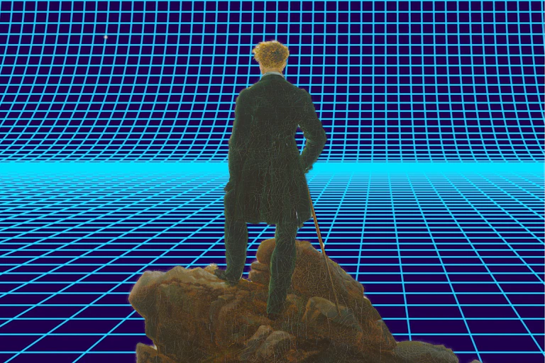 Illustration showing a painted man gazing over a cyberspace grid