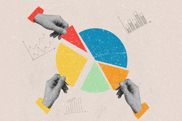 Three hands grabbing different slices from a pie chart.