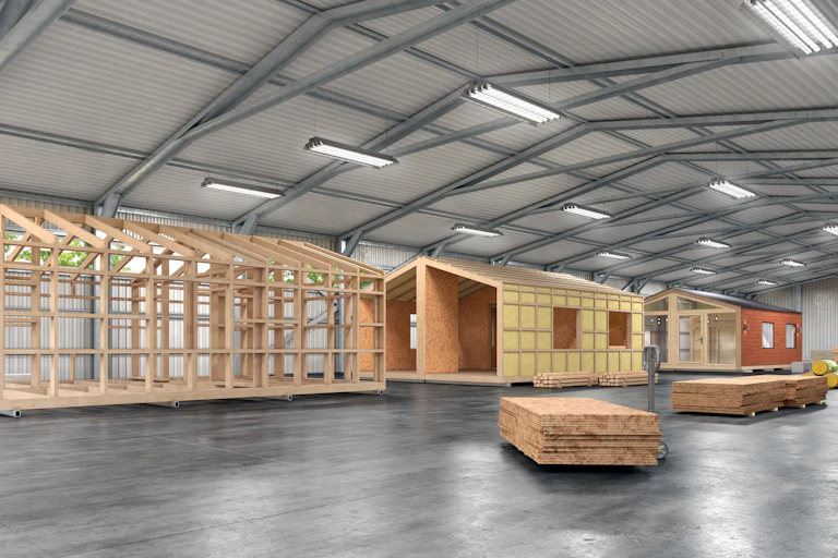 Houses being assembled in a factory
