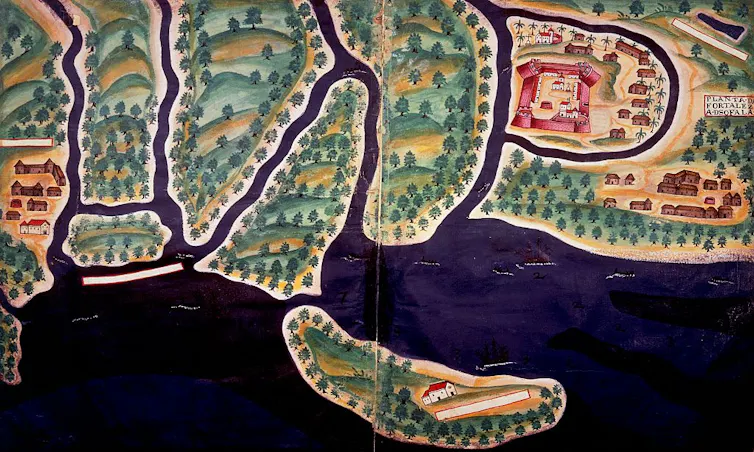 A map in colour showing a coastline with an island and rivers, a square fort dominating a piece of land.