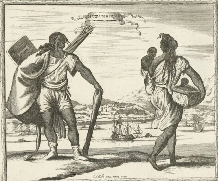 A black and white historical illustration of an African man and woman in loose garments with sea and ships in the background.