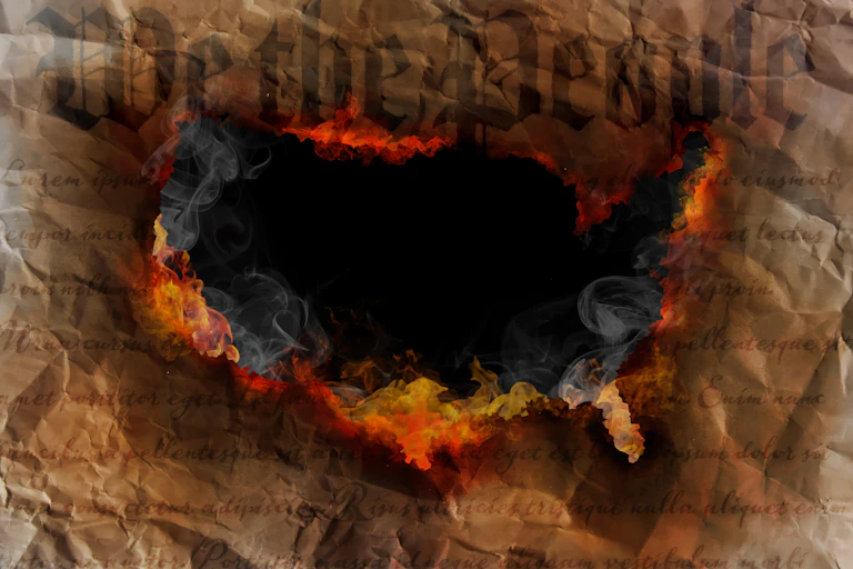 A map of the United States appears charred and on fire around the edges, on top of a wrinkled brown background that says 'We the People.'