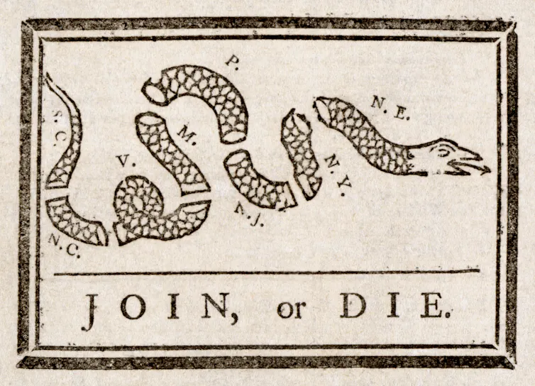 A snake in pieces labeled with abbreviations for the American Colonies, with 'Join, or Die' at the bottom.
