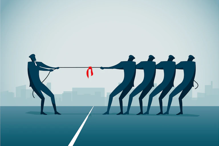 Abstract image of figures playing tug of war with a rope