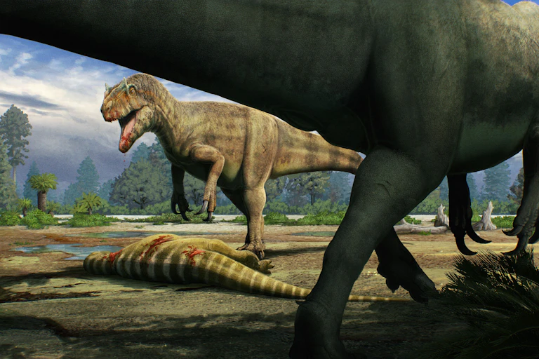 Ilustração de dois dinossauros grandes sobre o corpo de um dinossauro menor