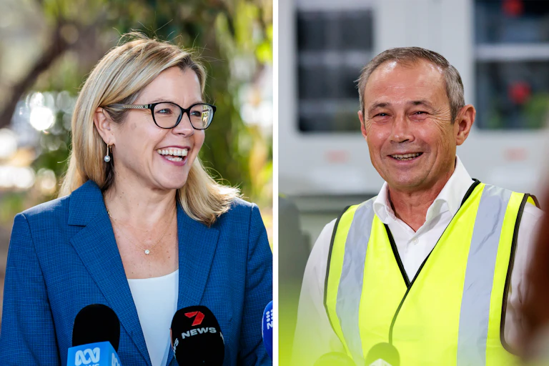 A composite image shows (left) WA Liberal leader Libby Mettam during a press conference in Perth.