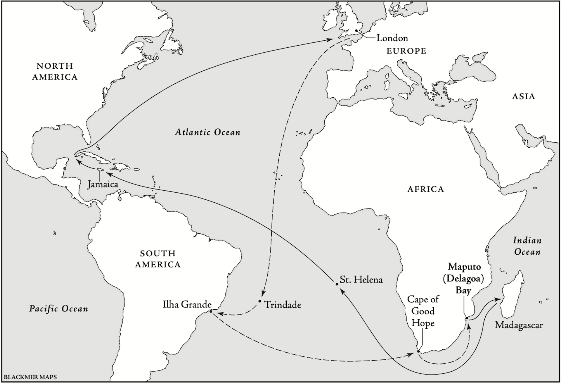 Map with dotted line going from London to Trindade to Ilha Grande to Cape of Good Hope to Maputo. A solid line goes from Maputo to Madagascar to St Helena to Jamaica to London