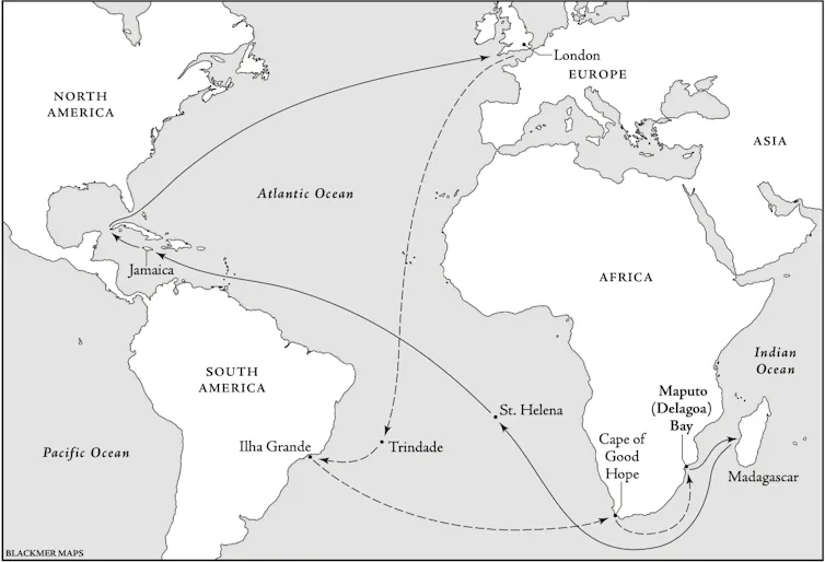 A map showing Africa, Europe and the Americas with arrows and lines showing a route there and back.