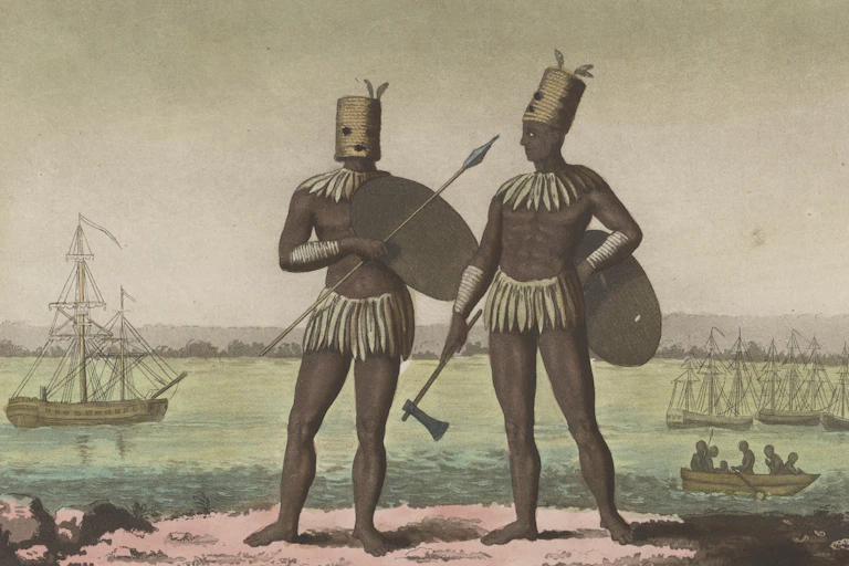 A historical illustration of two African men with a sea and ships in the background. They hold weapons and one wears a mask.