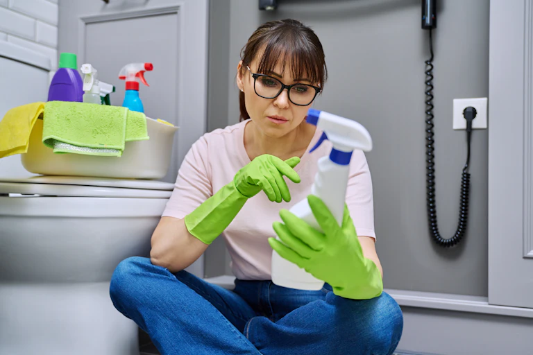 Une femme regarde une étiquette de produits chimiques