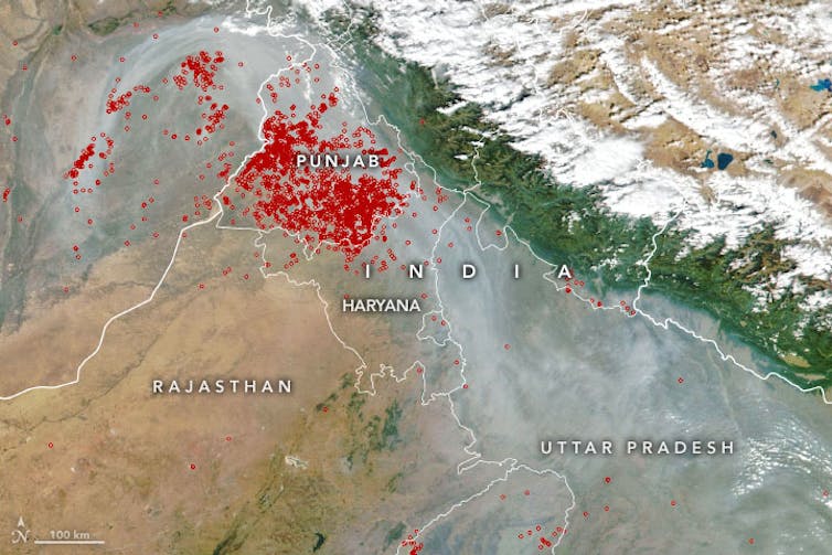 Delhi: how weather patterns and faraway mountains made this the world’s most polluted megacity 3 Annotated satellite map