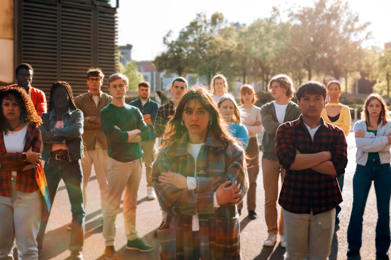 A crowd of young people facing forward with their arms crossed