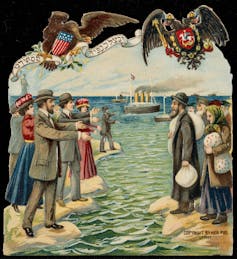 A faded colored card of people on two pieces of land separated by a thin strip of water, with a ship in the background.