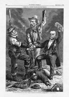 An illustration shows three white people stepping on a Black man. The white people are also holding knives.