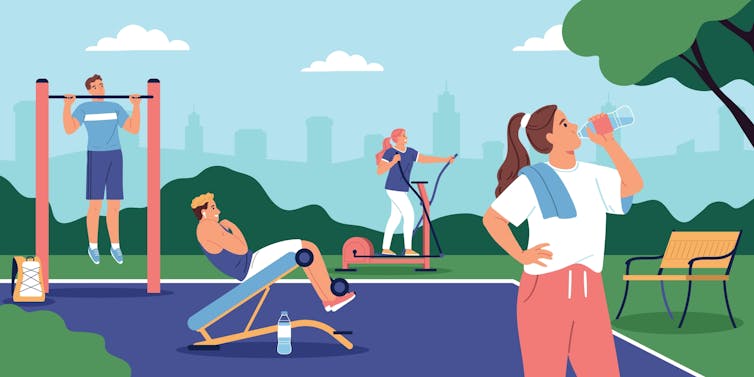Colourful illlustration of men and women using exercise equipment at a park