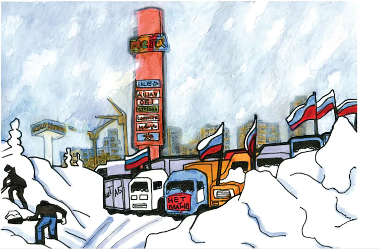 La ilustración de hombres cava grandes montones de nieve frente al camión y la lĆnea de la bandera.