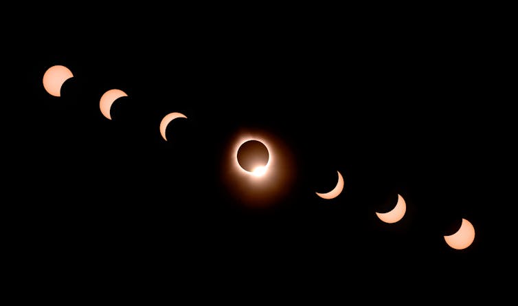 timelapse composite photo of the Moon passing over the Sun during an eclipse